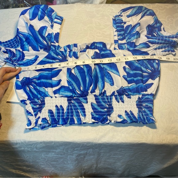 New Nordstrom Square Neck Puff Sleeve Crop Top Hawaiian Island Tropical Blouse - Picture 3 of 10
